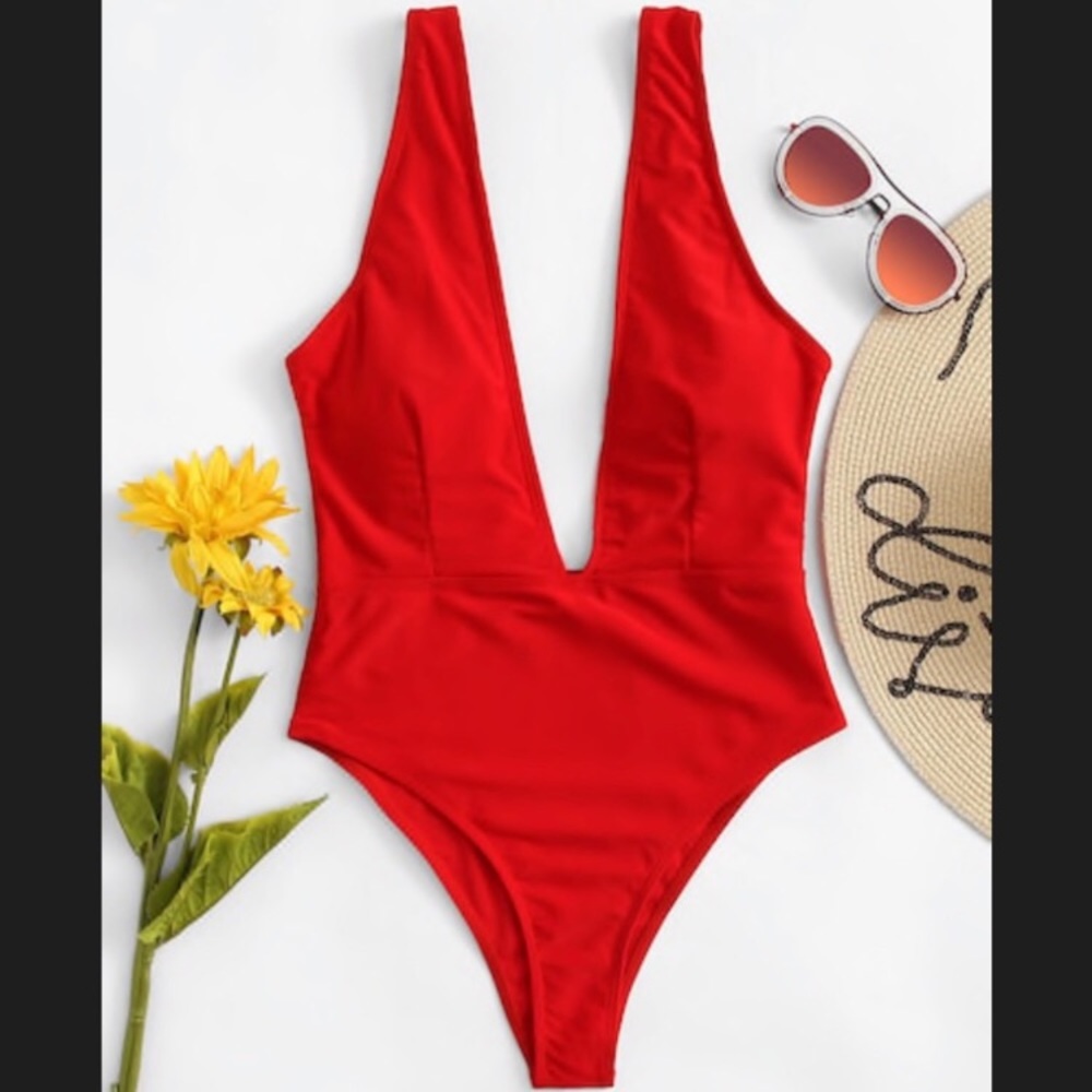 Red plunged bathsuit